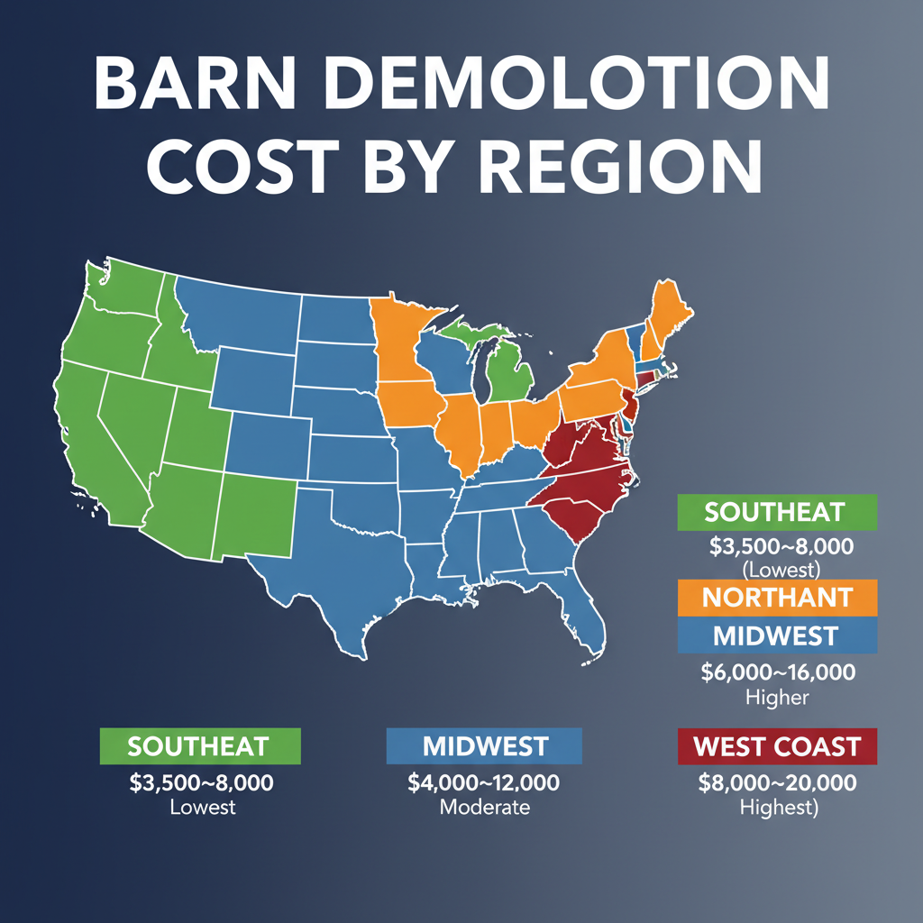 US map showing barn demolition cost by region — Southeast $3,500–$8,000, Midwest $4,000–$12,000, Northeast $6,000–$16,000, West Coast $8,000–$20,000