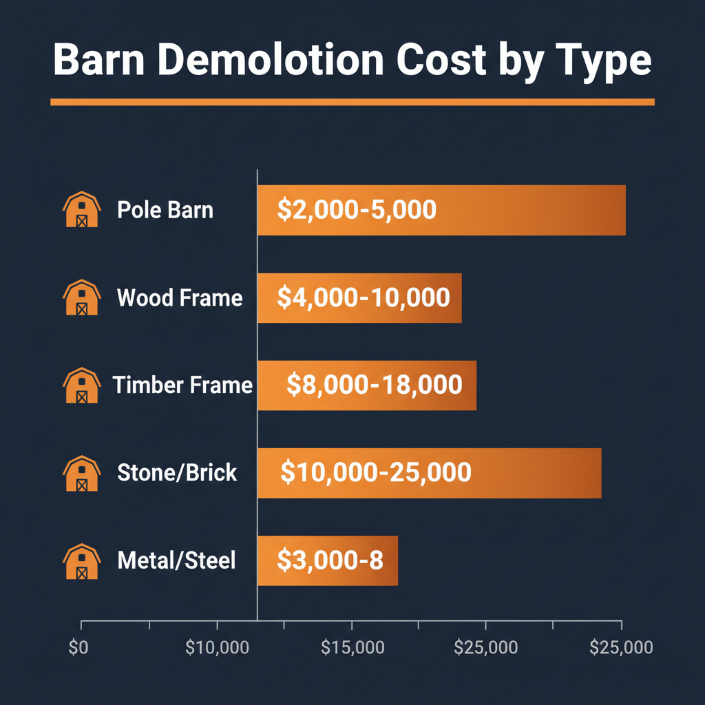 Barn demolition cost comparison by type — pole barn $2,000–$5,000, wood frame $4,000–$10,000, timber frame $8,000–$18,000, stone/brick $10,000–$25,000