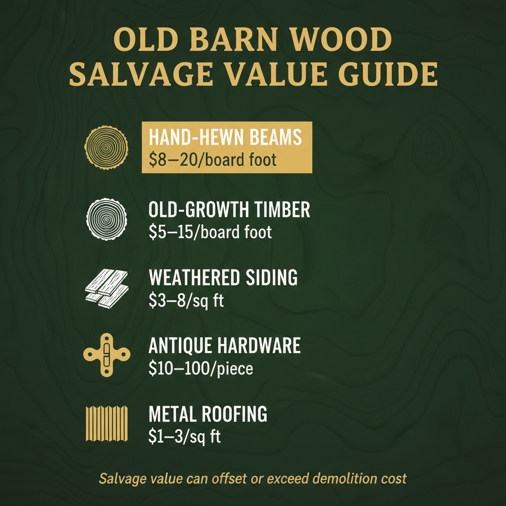 Barn wood salvage value comparison — hand-hewn beams $8–$20/board foot, old-growth timber $5–$15/board foot, weathered siding $3–$8/square foot
