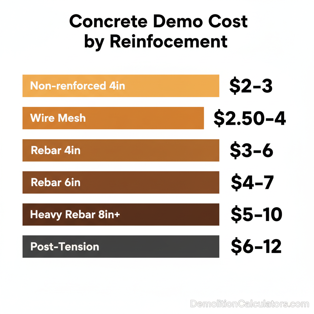 Concrete demolition cost per square foot by reinforcement type — non-reinforced $2-$3, wire mesh $2.50-$4, rebar $3-$6, heavy rebar $5-$10, post-tension $6-$12