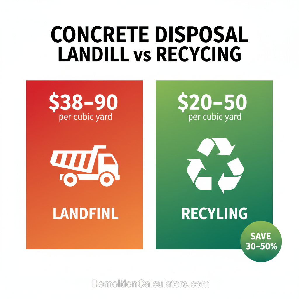 Concrete disposal comparison — landfill $38-$90 per cubic yard versus recycling $20-$50 per cubic yard, saving 30-50%