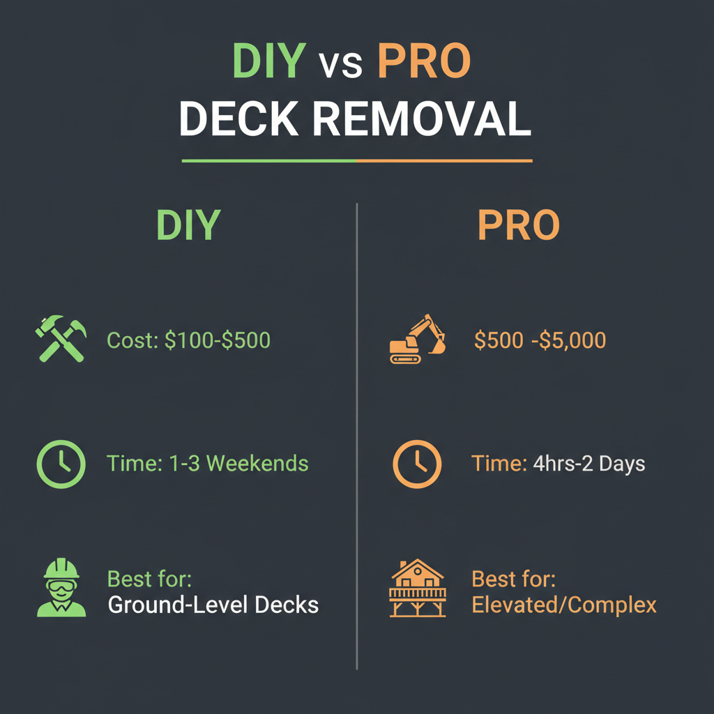 DIY vs professional deck removal — DIY costs $100–$500 and takes 1–3 weekends, professional costs $500–$5,000 and takes 4 hours to 2 days
