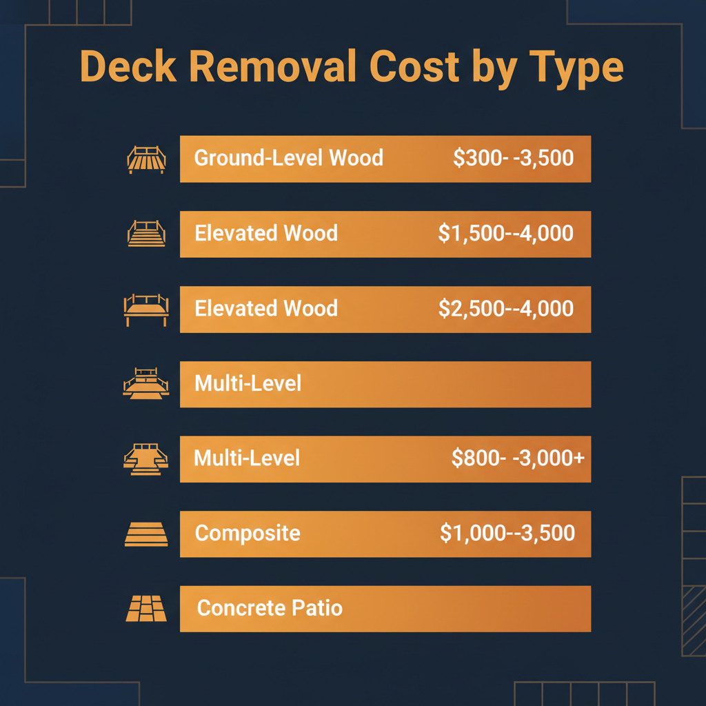 Deck removal cost by type — ground-level wood $300–$3,500, elevated wood $1,500–$4,000, composite $800–$3,000, concrete patio $1,000–$3,500