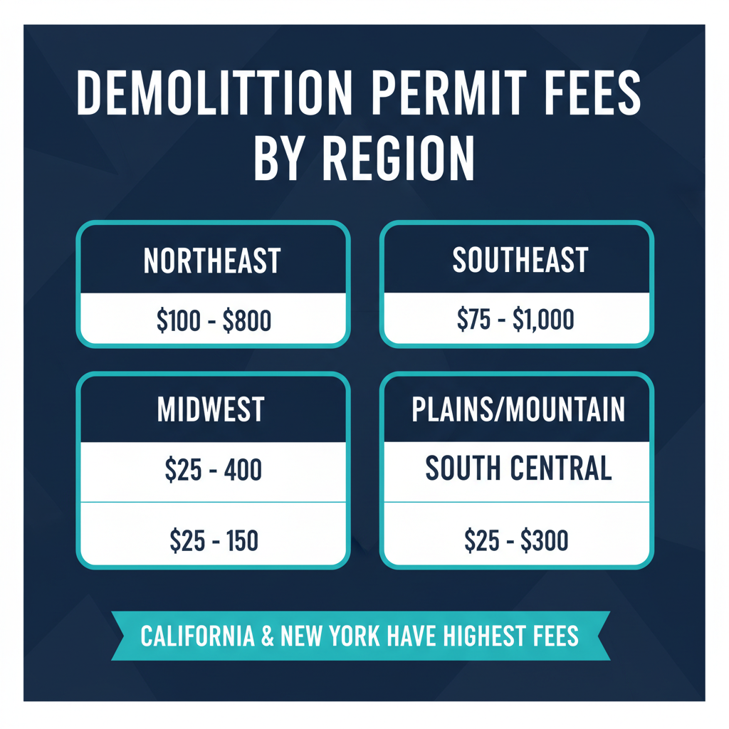 Demolition permit fee ranges by US region — Northeast $100–$800, West Coast $75–$1,000, Southeast $50–$500, Midwest $25–$400, Plains $25–$150