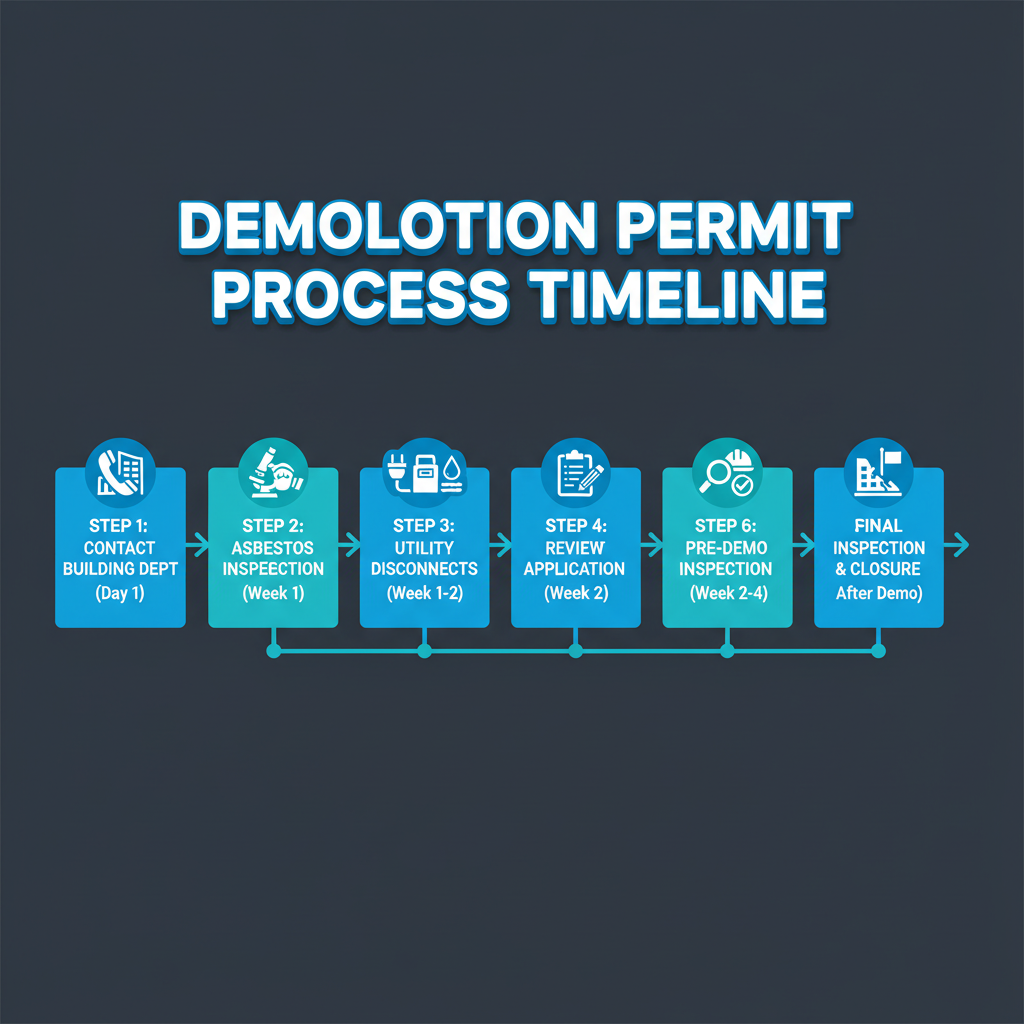 Demolition permit process timeline showing 7 steps from application to permit closure — typical timeline 3 to 6 weeks for residential projects