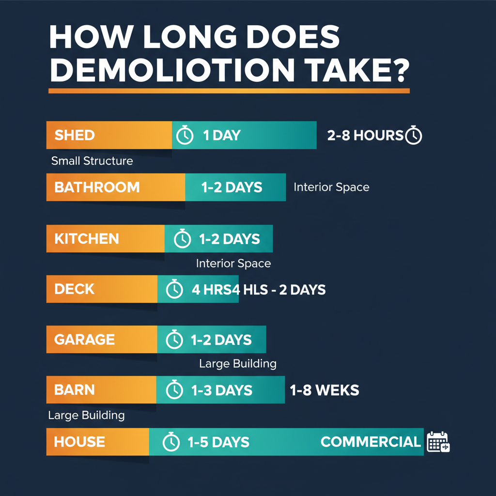 Demolition timeline by project type — shed 2–8 hours, bathroom 1 day, kitchen 1–2 days, house 1–5 days, commercial 1–8 weeks