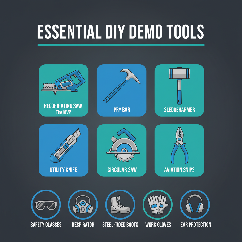 Essential DIY demolition tools — reciprocating saw, pry bar, sledgehammer, utility knife, circular saw, aviation snips, plus safety gear including respirator, safety glasses, steel-toed boots