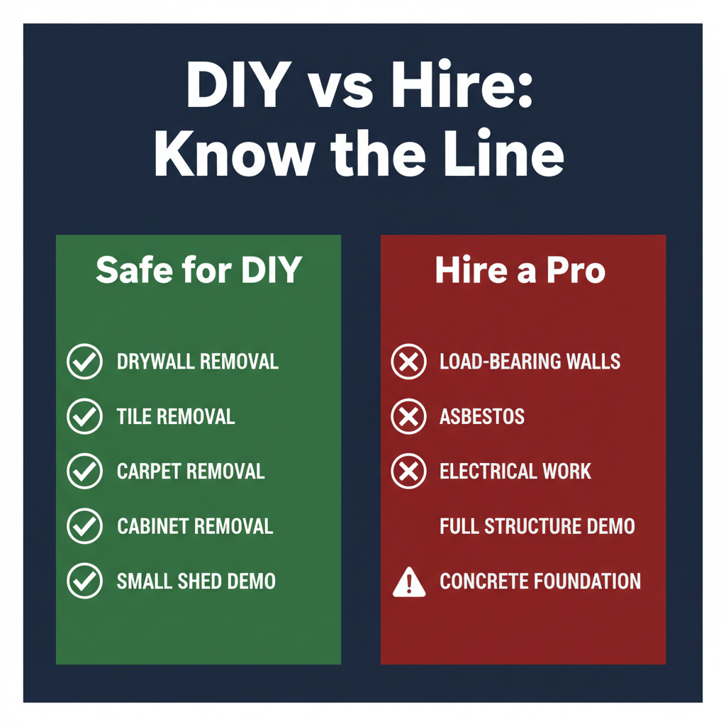 DIY vs hire a contractor demolition comparison — safe DIY projects include drywall, tile, carpet, cabinets; hire a pro for load-bearing walls, asbestos, full structure demo