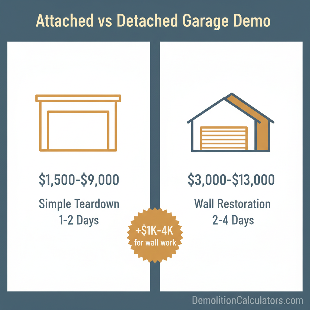 Attached versus detached garage demolition cost comparison — detached $1,500-$9,000, attached $3,000-$13,000