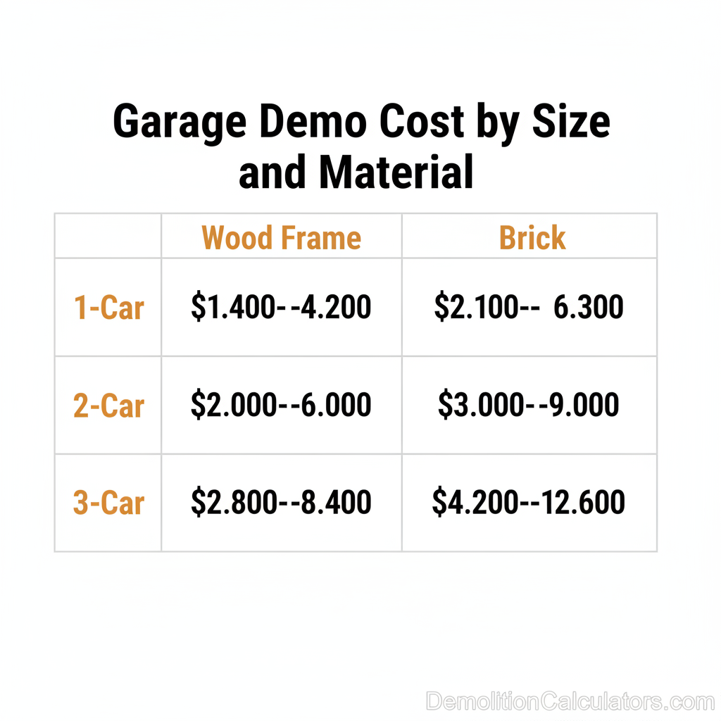 Garage demolition cost matrix by size and material — 1-car, 2-car, 3-car in wood and brick