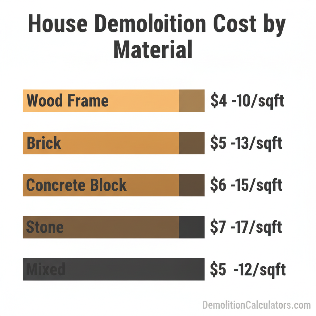 House demolition cost per square foot by construction material — wood frame $4-$10, brick $5-$13, concrete $6-$15, stone $7-$17