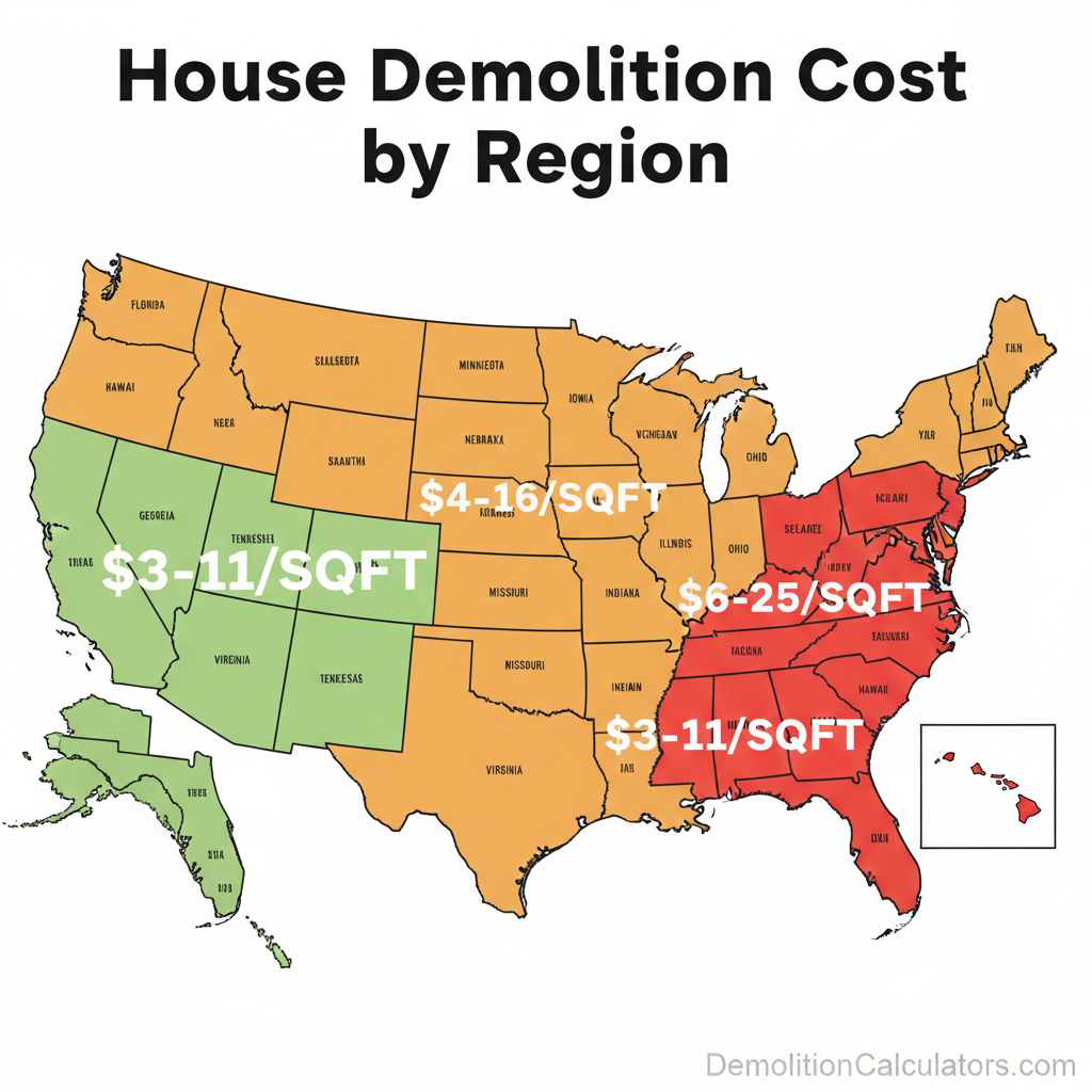 US map showing house demolition cost by region — Southeast $3-$11, mid-range $4-$16, premium states $6-$25 per square foot