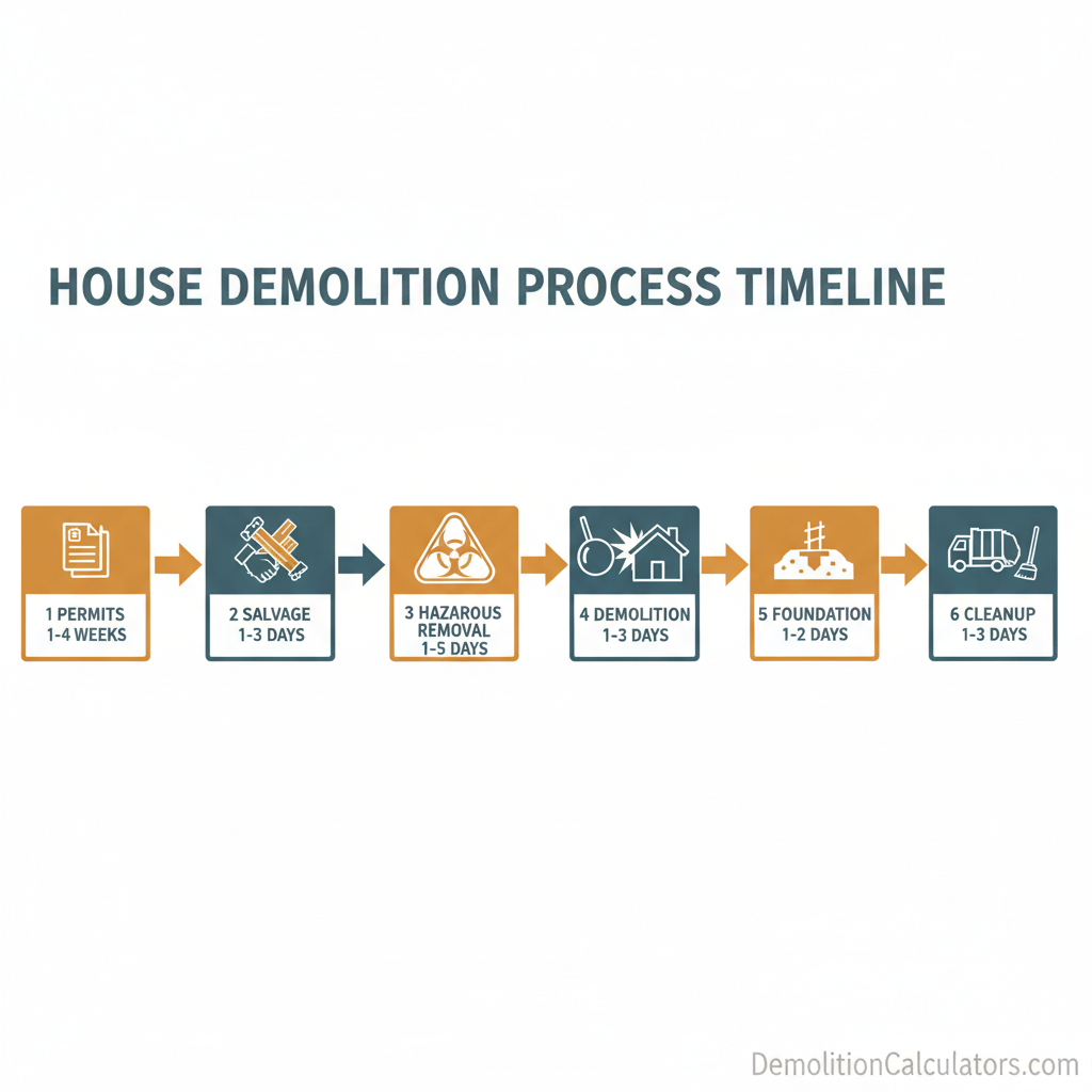 House demolition process timeline — 6 steps from permits to site cleanup, typical duration 1-3 weeks
