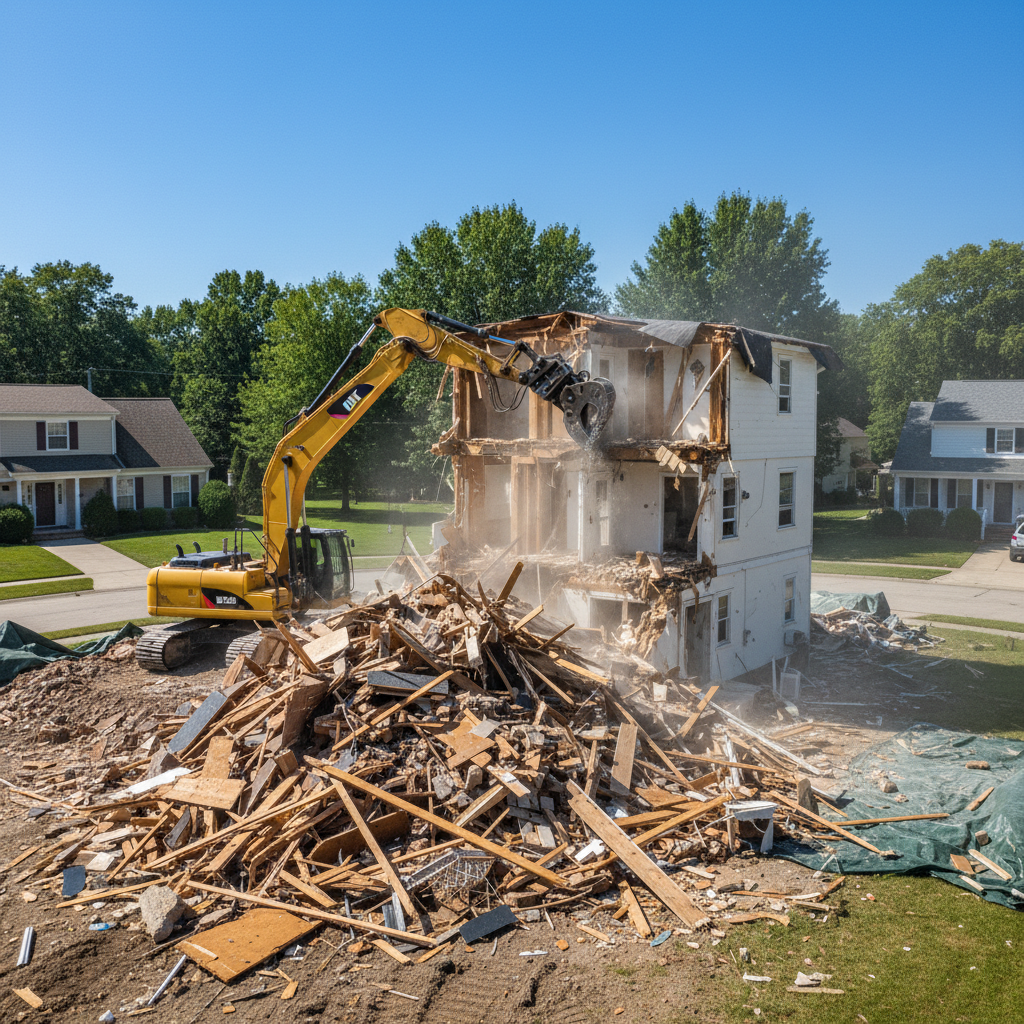 House demolition in progress — excavator tearing down residential structure