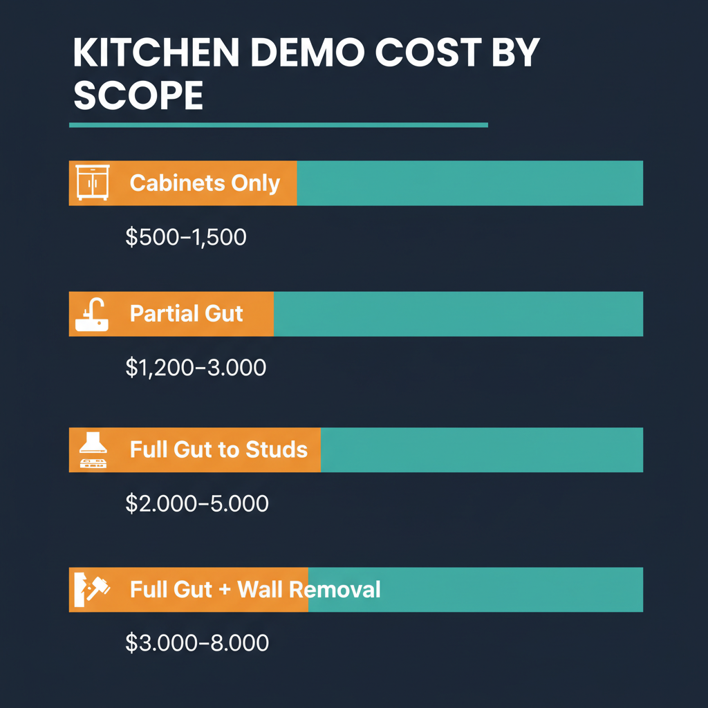 Kitchen demolition cost by scope — cabinets only $500–$1,500, partial gut $1,200–$3,000, full gut $2,000–$5,000, gut plus wall removal $3,000–$8,000