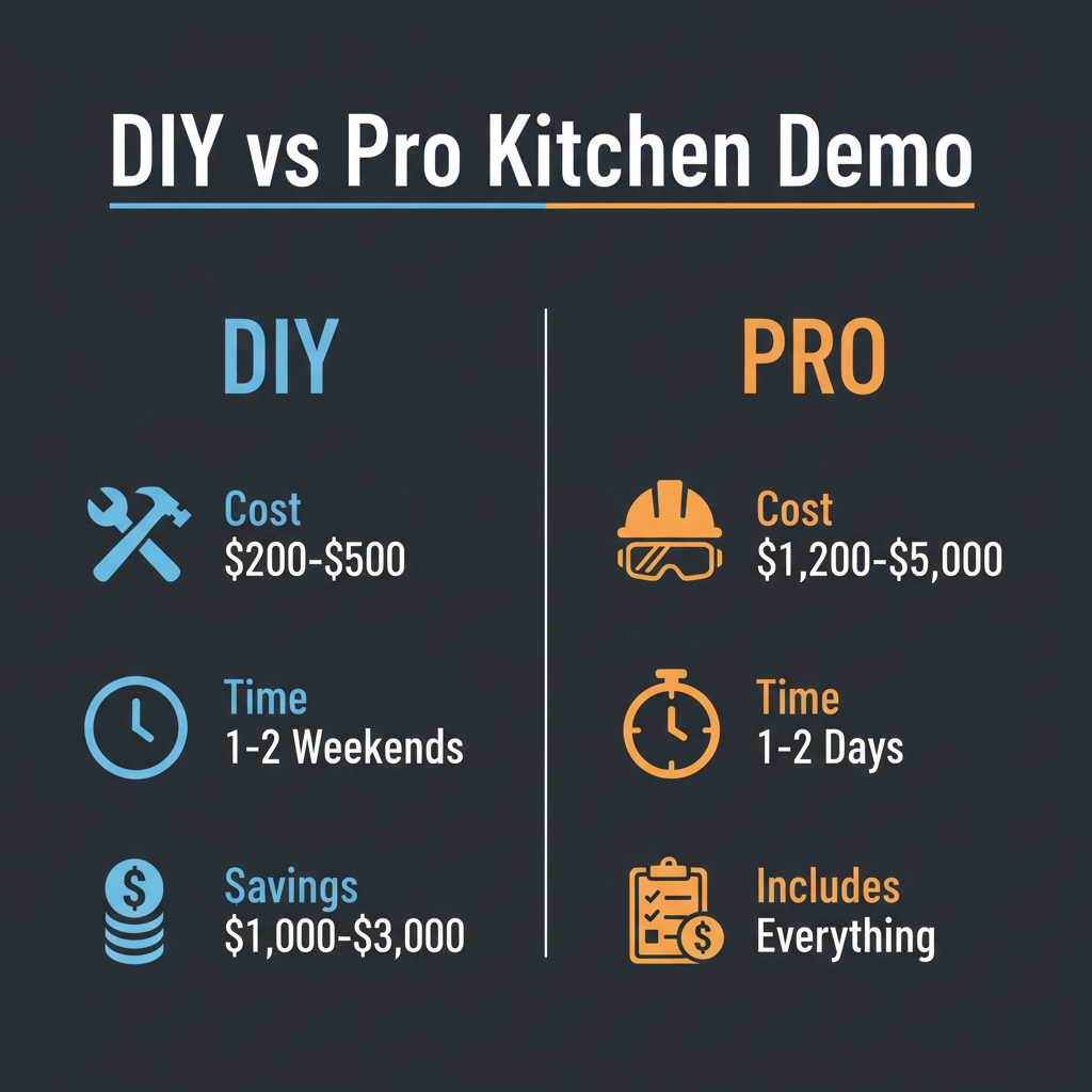 DIY vs professional kitchen demolition — DIY saves $1,000–$3,000 but takes a full weekend, professional completes in 1–2 days