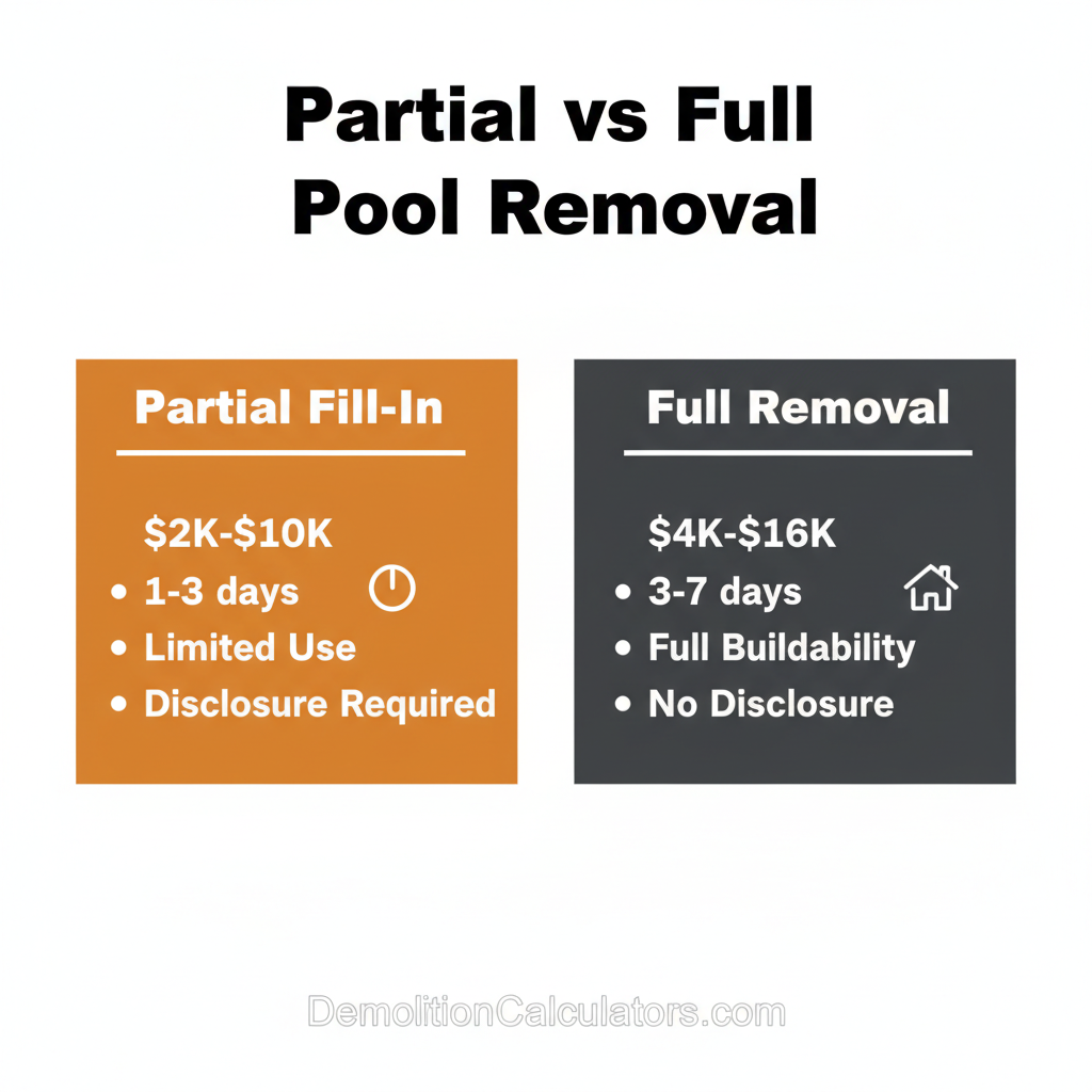 Pool demolition comparison — partial fill-in $2,000-$10,000 versus full removal $4,000-$16,000