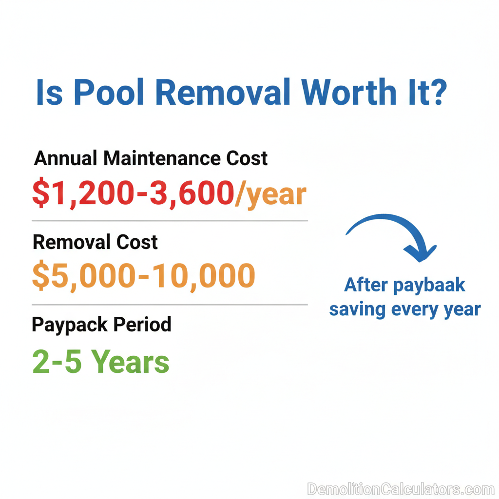 Pool removal payback calculation — removal costs $5,000-$10,000, annual maintenance savings $1,200-$3,600, payback period 2-5 years