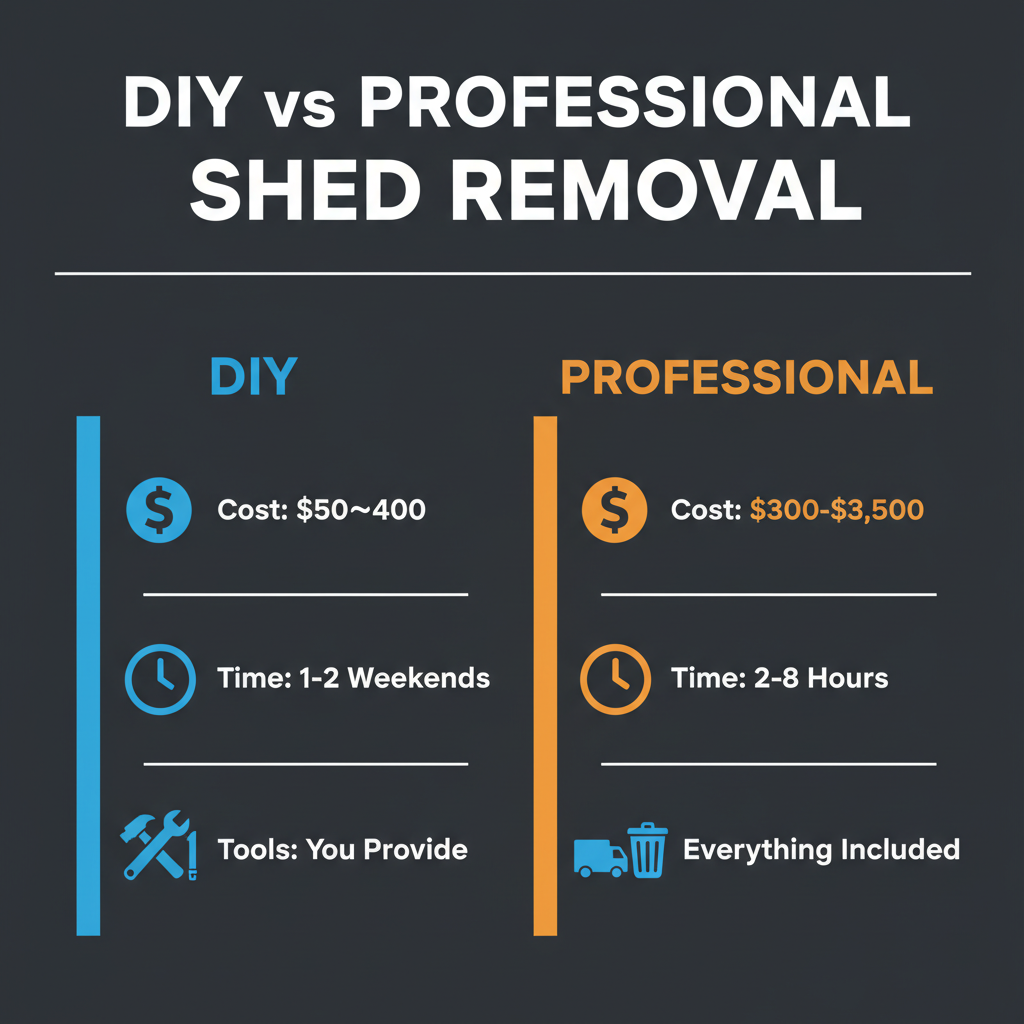 DIY vs professional shed removal comparison — DIY costs $50–$400 and takes 1–2 weekends, professional costs $300–$3,500 and takes 2–8 hours