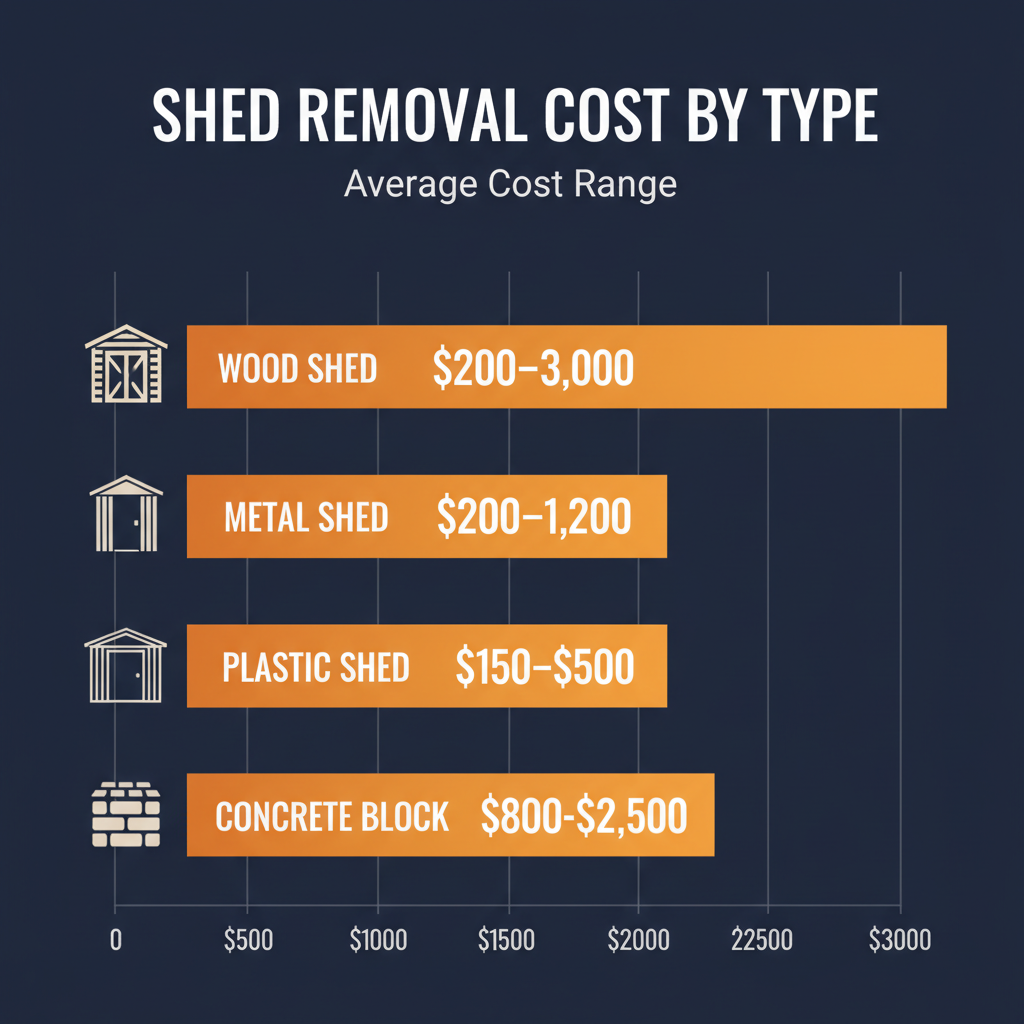 Shed removal cost comparison by type — wood shed $200–$3,000, metal shed $200–$1,200, plastic shed $150–$500, concrete block shed $800–$2,500