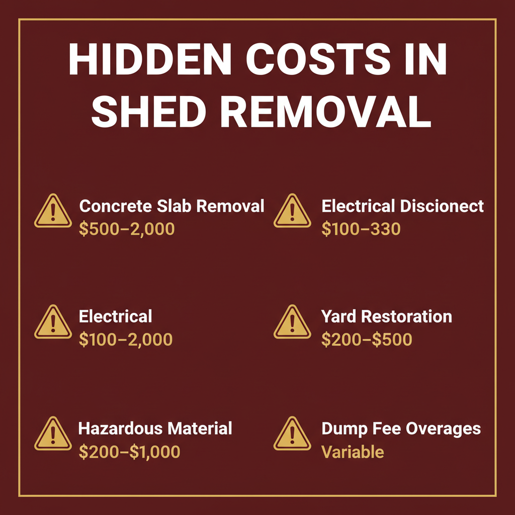 Hidden costs in shed removal — concrete slab removal $500–$2,000, electrical disconnect $100–$300, yard restoration $200–$500, hazardous material disposal $200–$1,000
